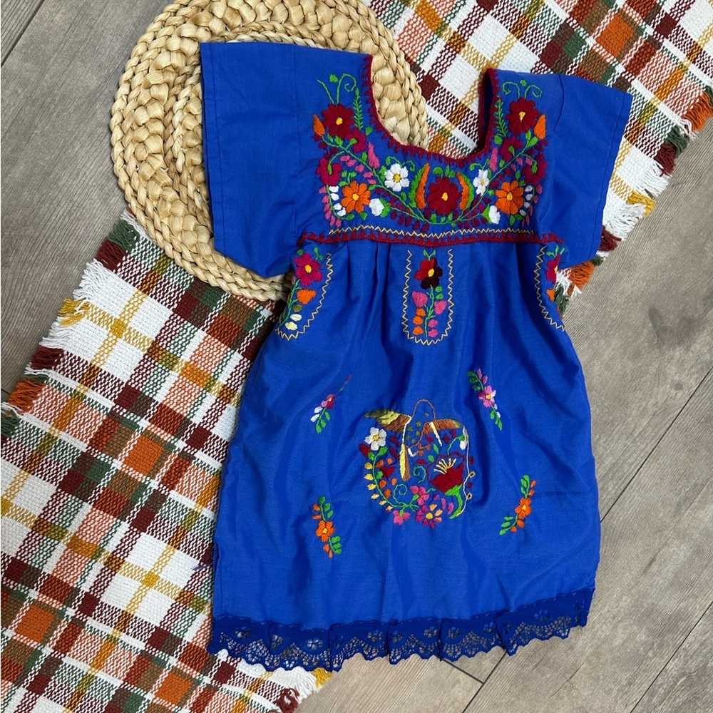New Handmade Embroidered Floral Mexican Toddler Girl Dress Vibrant MultiColor 2T